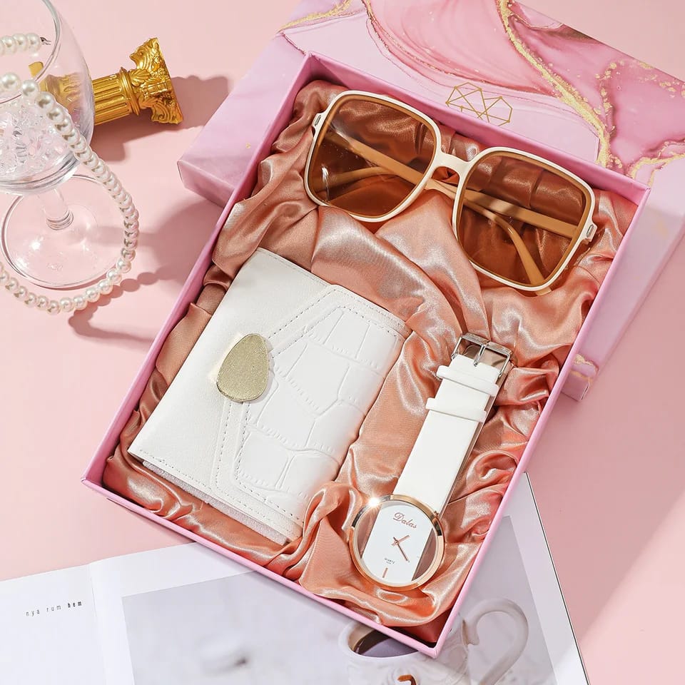 3 piece luxury women’s watch set with quartz wristwatch, sunglasses, wallet, and gift box