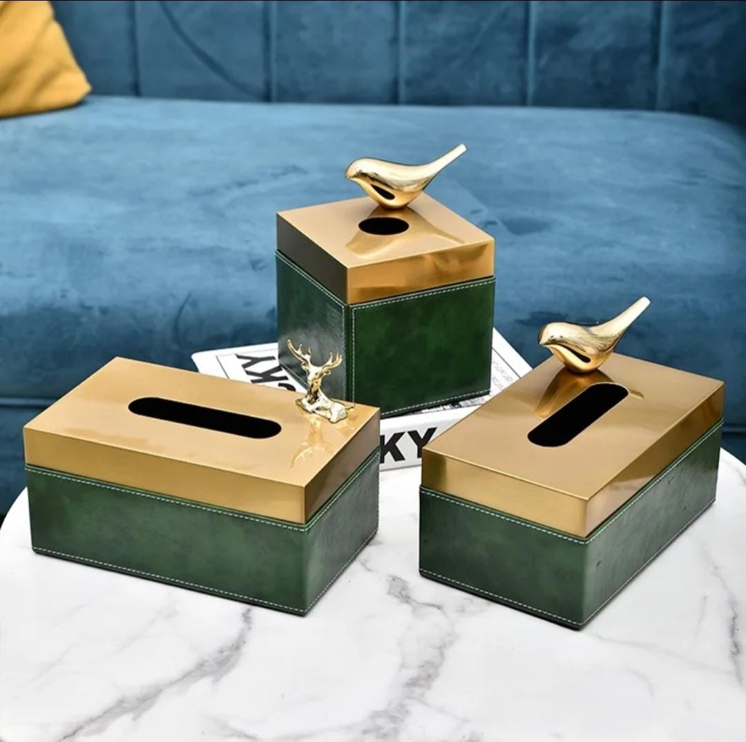 Green PU leather tissue box with gold metal lid and decorative bird figurine, luxury home décor accessory