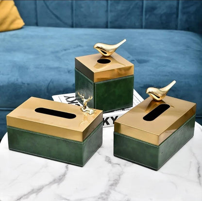 Green PU leather tissue box with gold metal lid and decorative bird figurine, luxury home décor accessory