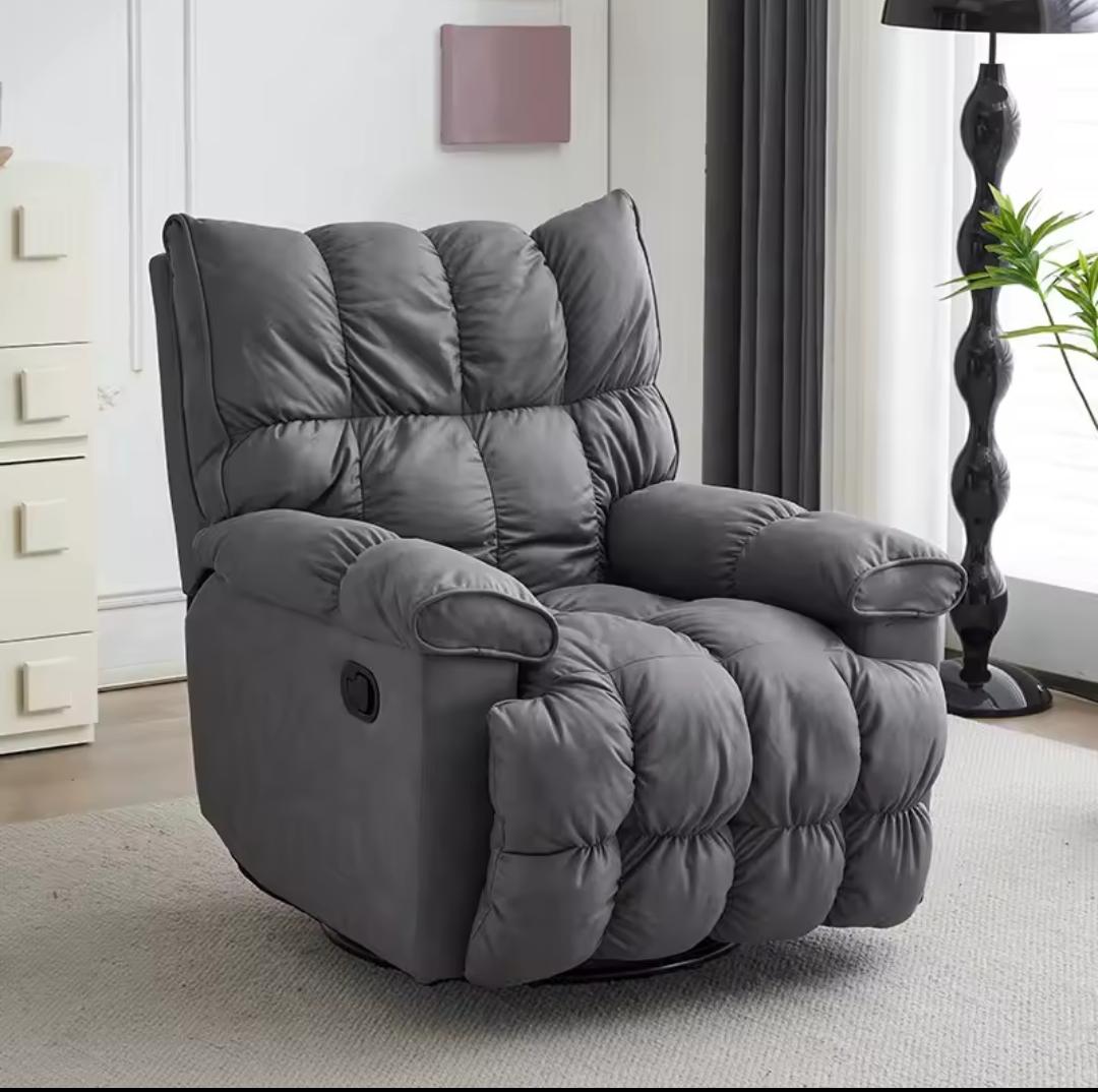 Light grey electric leather recliner chair with 360 degree swivel function, luxury lounge seating furniture. 