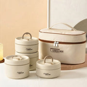 5 in 1 insulated lunch set with four stackable food containers and a matching insulated lunch bag for school, work, and travel.