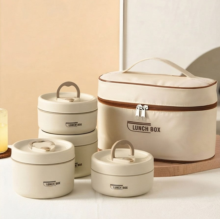 5 in 1 insulated lunch set with four stackable food containers and a matching insulated lunch bag for school, work, and travel.
