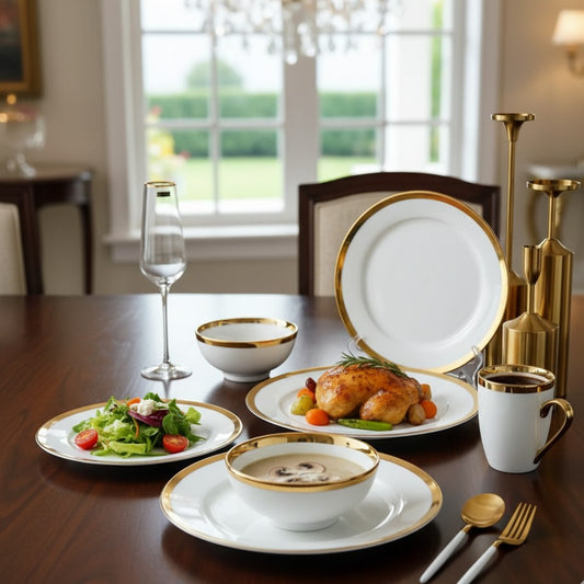 24-piece Gold dinner set with gold ring plates bowls and cups

