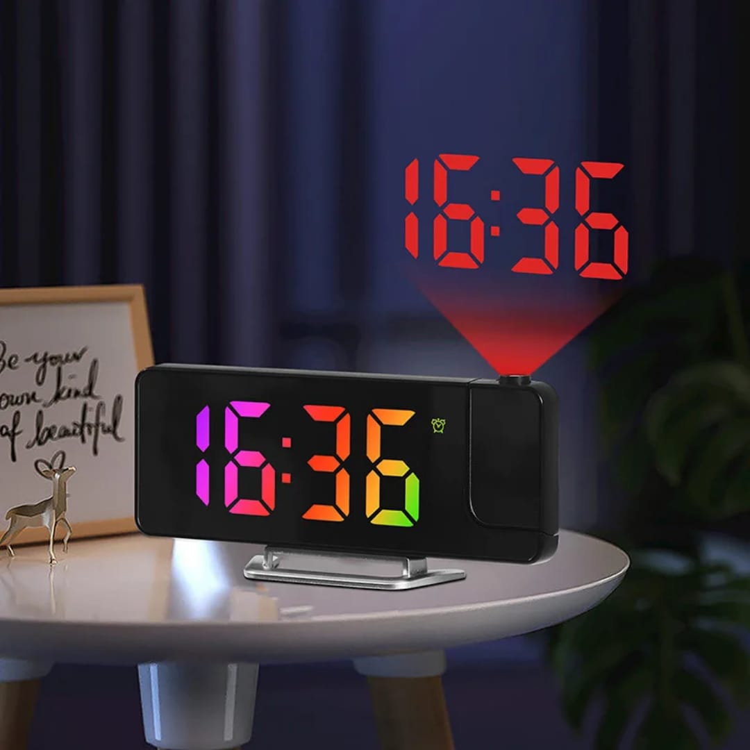 LED digital projection alarm clock with mirror display showing time temperature and humidity for bedside use