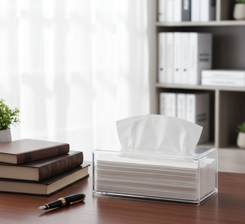 Transparent acrylic napkin and tissue holder for home or office use.