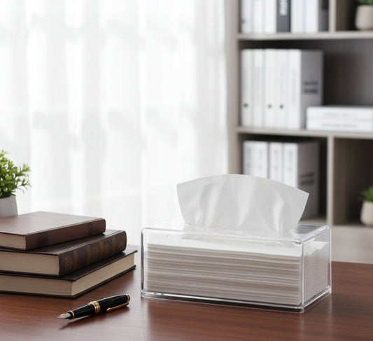Transparent acrylic napkin and tissue holder for home or office use.