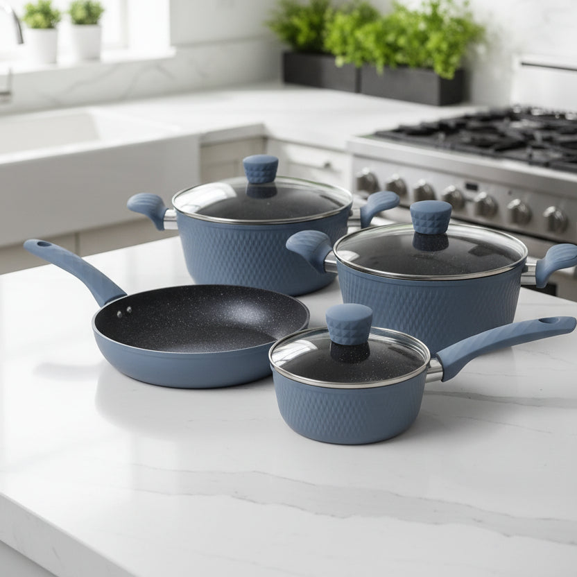 7 Piece granite non-stick cookware set with removable handle suitable for induction gas and electric cooktops