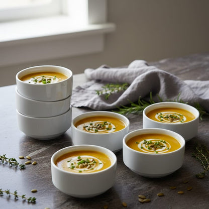 Set of 6 Stackable White Ceramic Bowls Without Handles