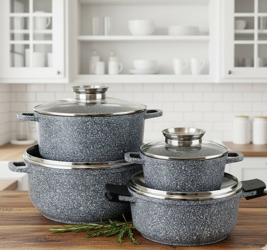 4-piece granite ceramic-coated cookware set with tempered glass lids, suitable for all cookers.