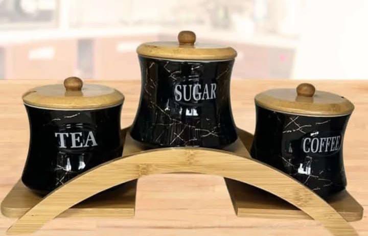 3-Piece Canister And Cruet Set With Bamboo Rack