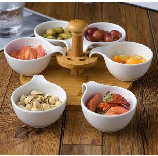 6-Piece ceramic serving dishes with bamboo base for snacks and appetizers