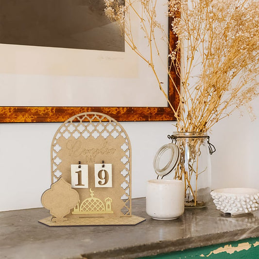 Wooden Ramadan and Eid Mubarak countdown calendar décor measuring 20 × 15 × 1 cm