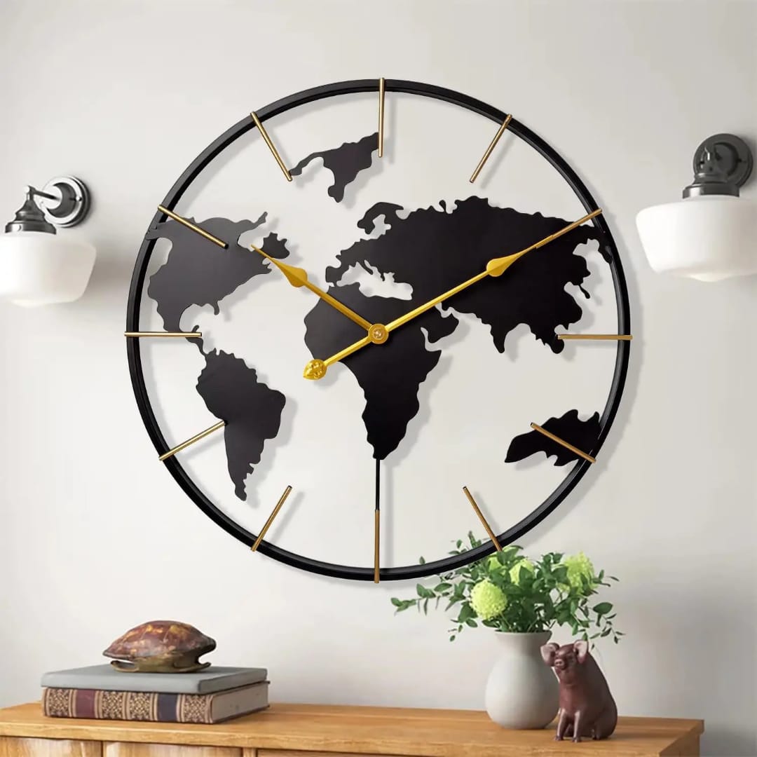 60cm Metal world map wall clock for modern home and office wall decoration