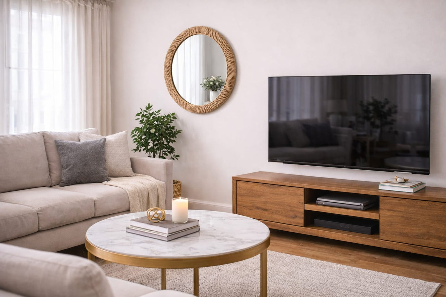 Modern oval decorative mirror with a natural rattan and bamboo frame measuring 60 × 50 cm.