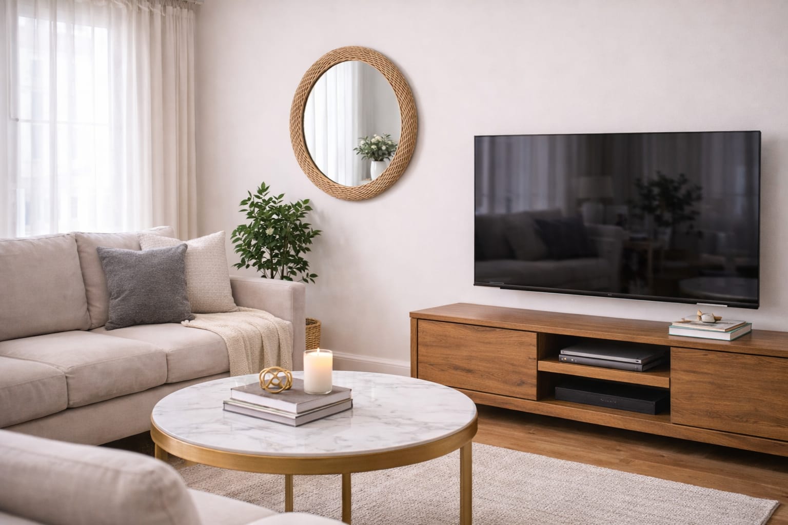 Modern oval decorative mirror with a natural rattan and bamboo frame measuring 60 × 50 cm.