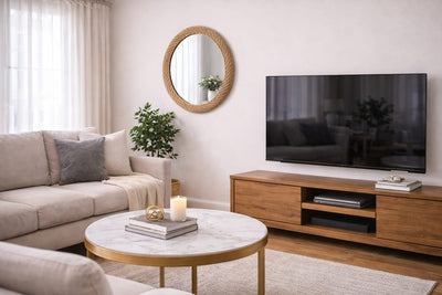 Modern oval decorative mirror with a natural rattan and bamboo frame measuring 60 × 50 cm.