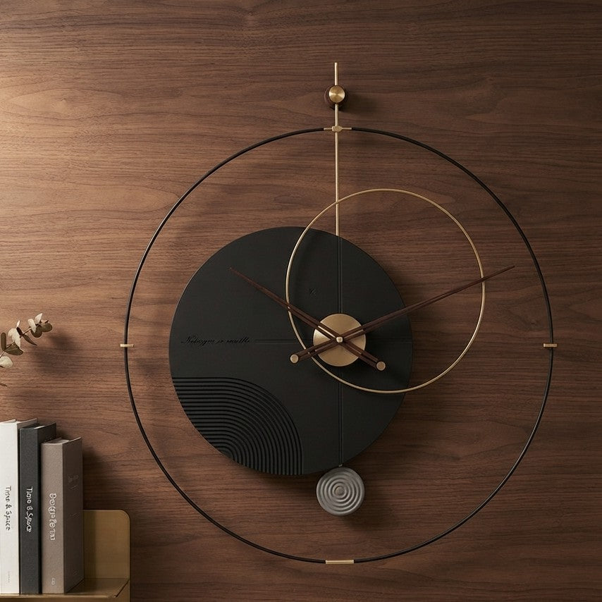 Black abstract luxury wall clock measuring 90 × 90 cm, designed as a statement decorative timepiece for modern interiors.
