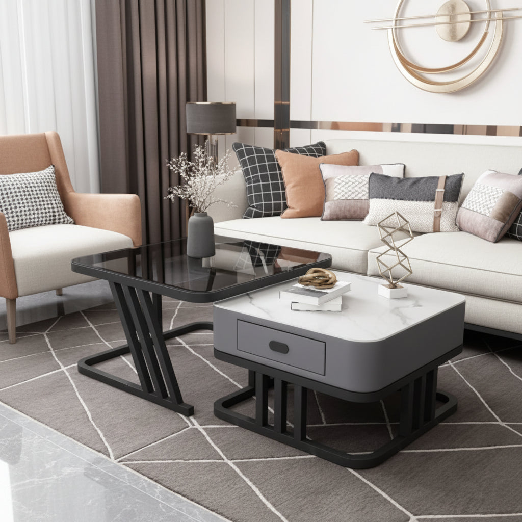 2 in 1 Marble Coffee Table with Shiny Glossy Top