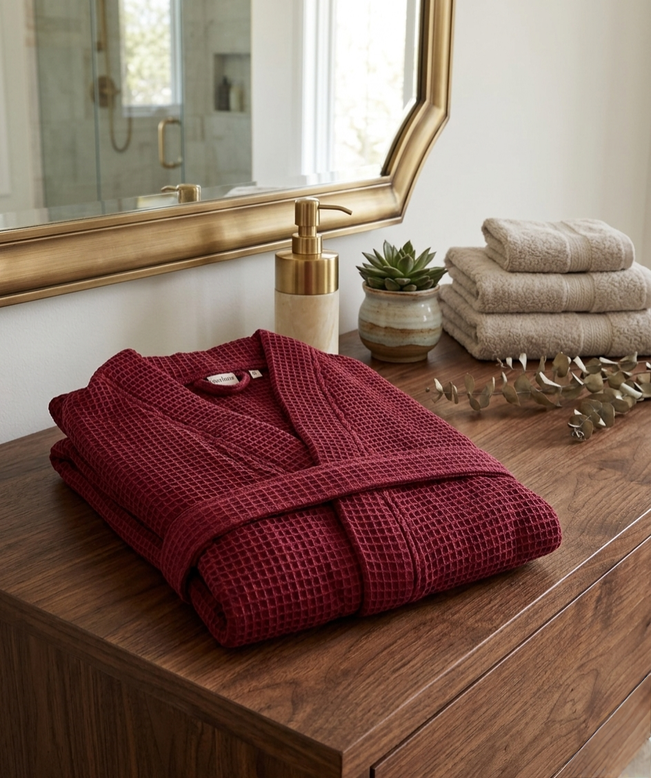 Soft waffle bathrobe with lightweight breathable fabric for comfortable home and spa use