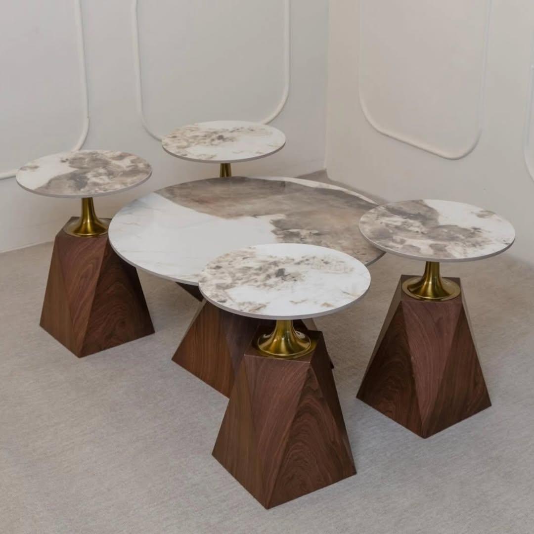 2 in 1 marble top nesting coffee table set with brown finish base