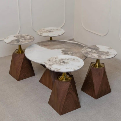 2 in 1 marble top nesting coffee table set with brown finish base
