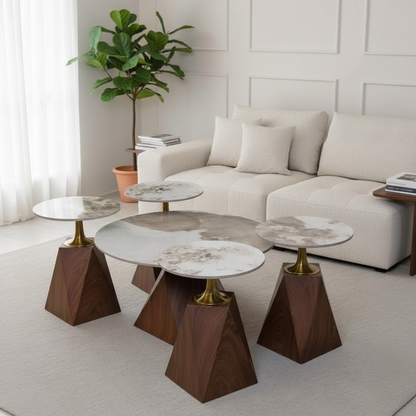 2 in 1 Marble Top Nesting Coffee Table Set with Brown Finish Base