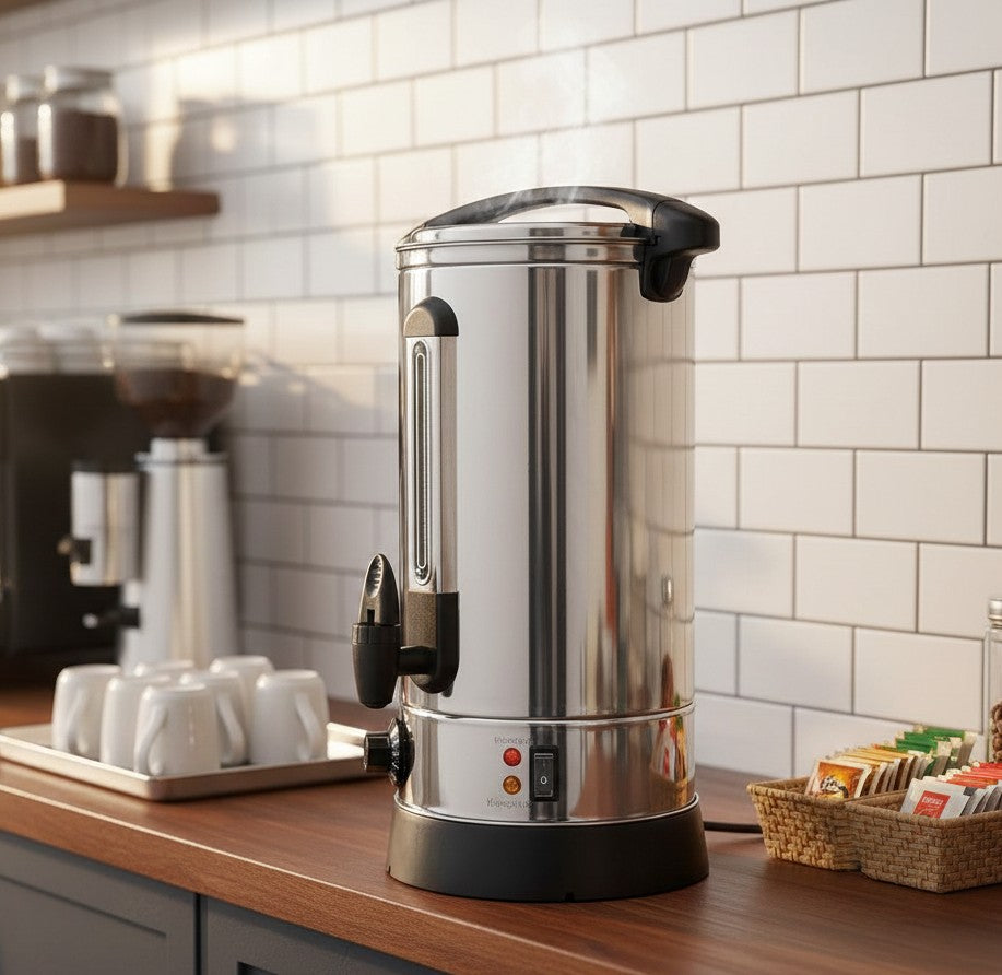 Electric tea urn with 10-litre capacity for brewing and serving hot beverages