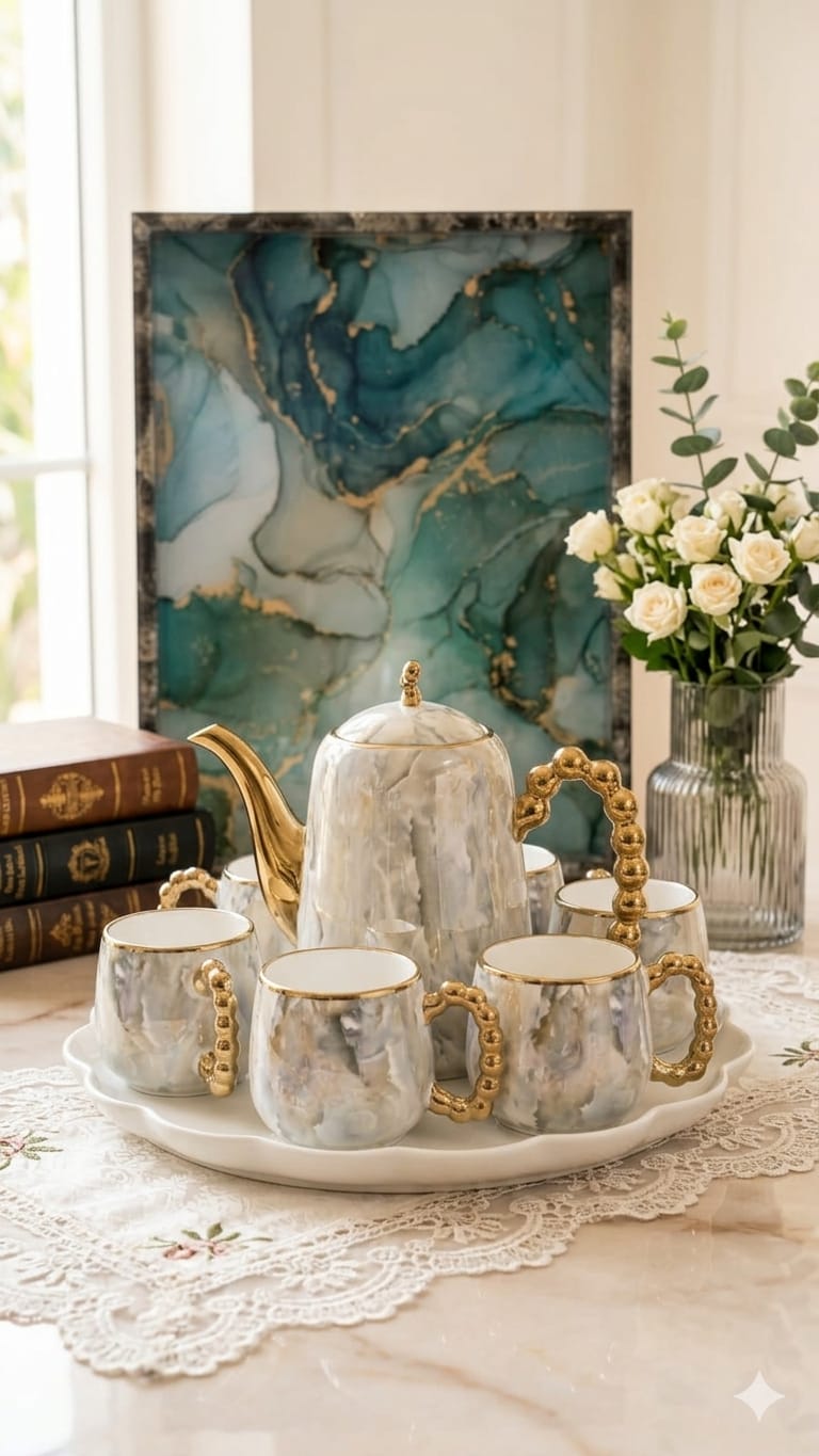 8Pc White Tea and Coffee Set with Golden Handles