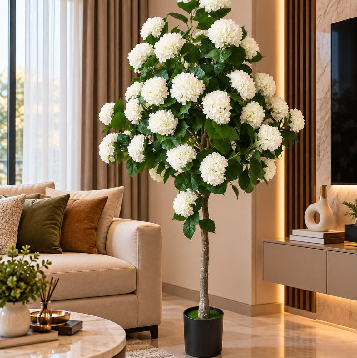 Artificial white hydrangea tree with lush green foliage and white blooms - available in Nairobi, Kenya