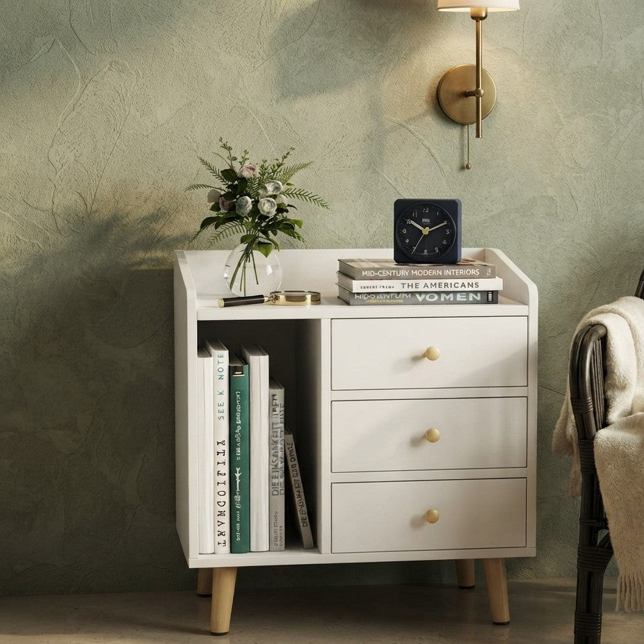 White Bedside Table with 3 Drawers and Open Shelf