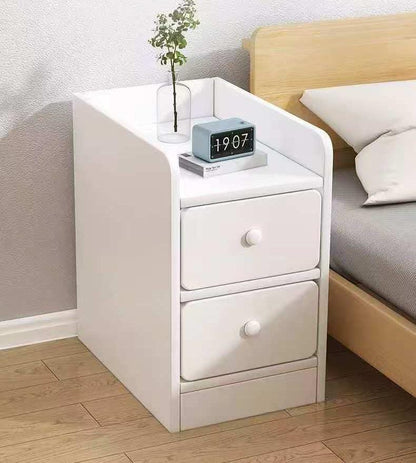 Bedside table with drawer in white and walnut finish.