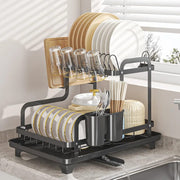 2 Tier dish drying rack with drainboard and holders for cups utensils and cutting board on kitchen countertop