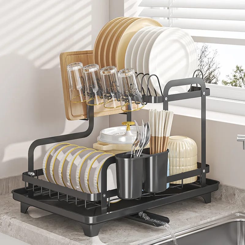 2 Tier dish drying rack with drainboard and holders for cups utensils and cutting board on kitchen countertop
