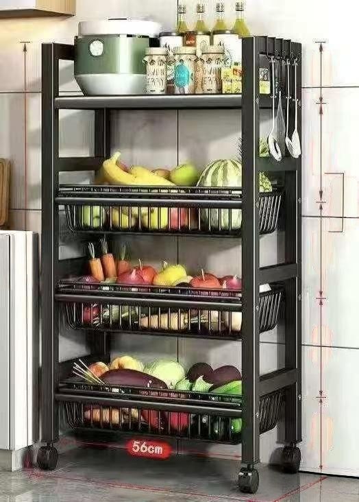 4 Layer black metallic vegetable rack with wheels and mesh baskets for kitchen storage and organization