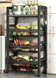 4 Layer black metallic vegetable rack with wheels and mesh baskets for kitchen storage and organization