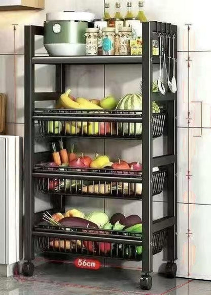 4 Layer black metallic vegetable rack with wheels and mesh baskets for kitchen storage and organization