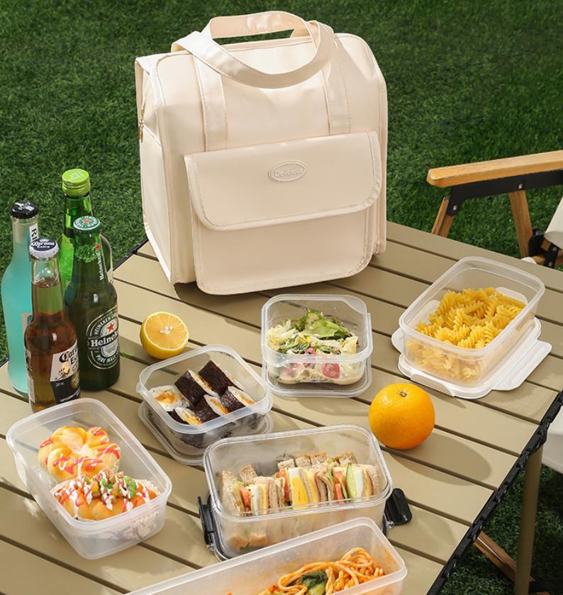thickened waterproof lunch bag in cream and grey
