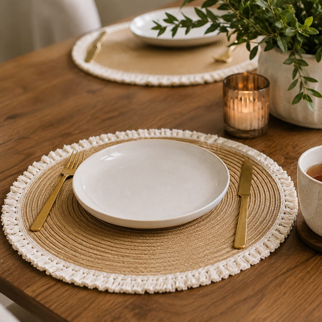 Set of six woven table mats with decorative tassels, 38 cm diameter, ideal for dining tables, coffee tables, and home décor.