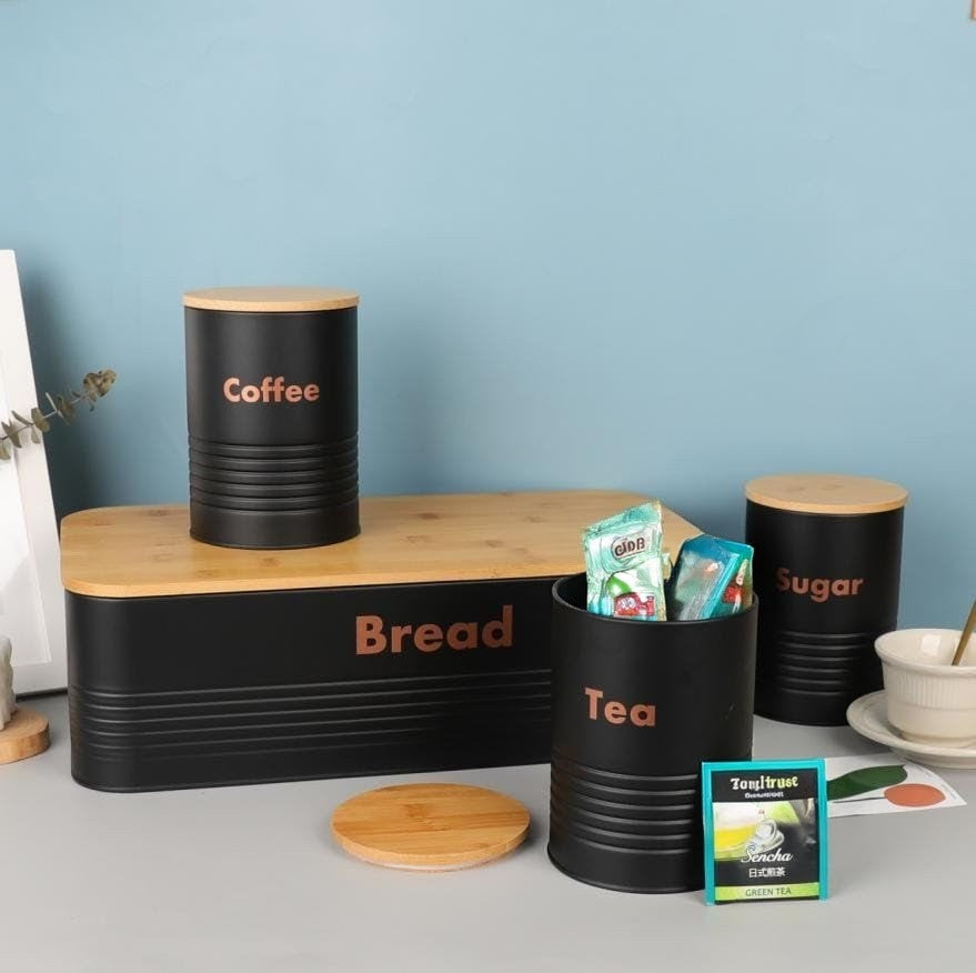 15L bread bin with 3 matching airtight canisters for tea, coffee, and sugar storage