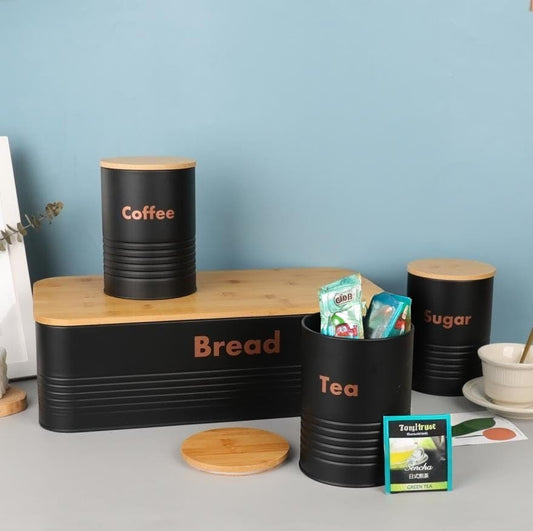 15L bread bin with 3 matching airtight canisters for tea, coffee, and sugar storage