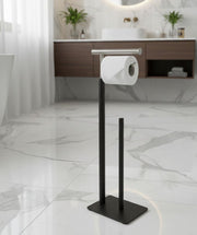 Black and silver freestanding toilet paper holder with modern design