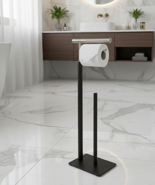 Black and silver freestanding toilet paper holder with modern design