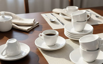 White ceramic cup and saucer set, 6 cups with saucers.