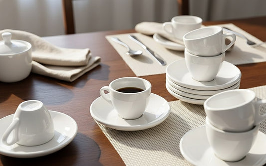 White ceramic cup and saucer set, 6 cups with saucers.