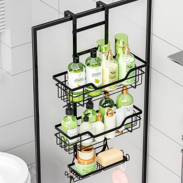 Drill-free over door bathroom organizer with multi-layer hanging basket shelves.