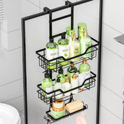 Drill-free over door bathroom organizer with multi-layer hanging basket shelves.
