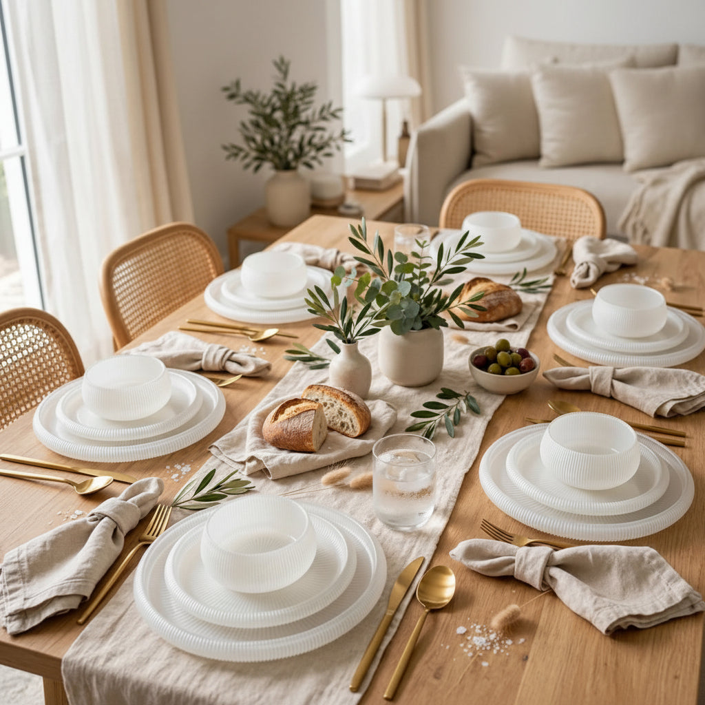 24 Piece Ribbed Frosted Glass Dinner Set
