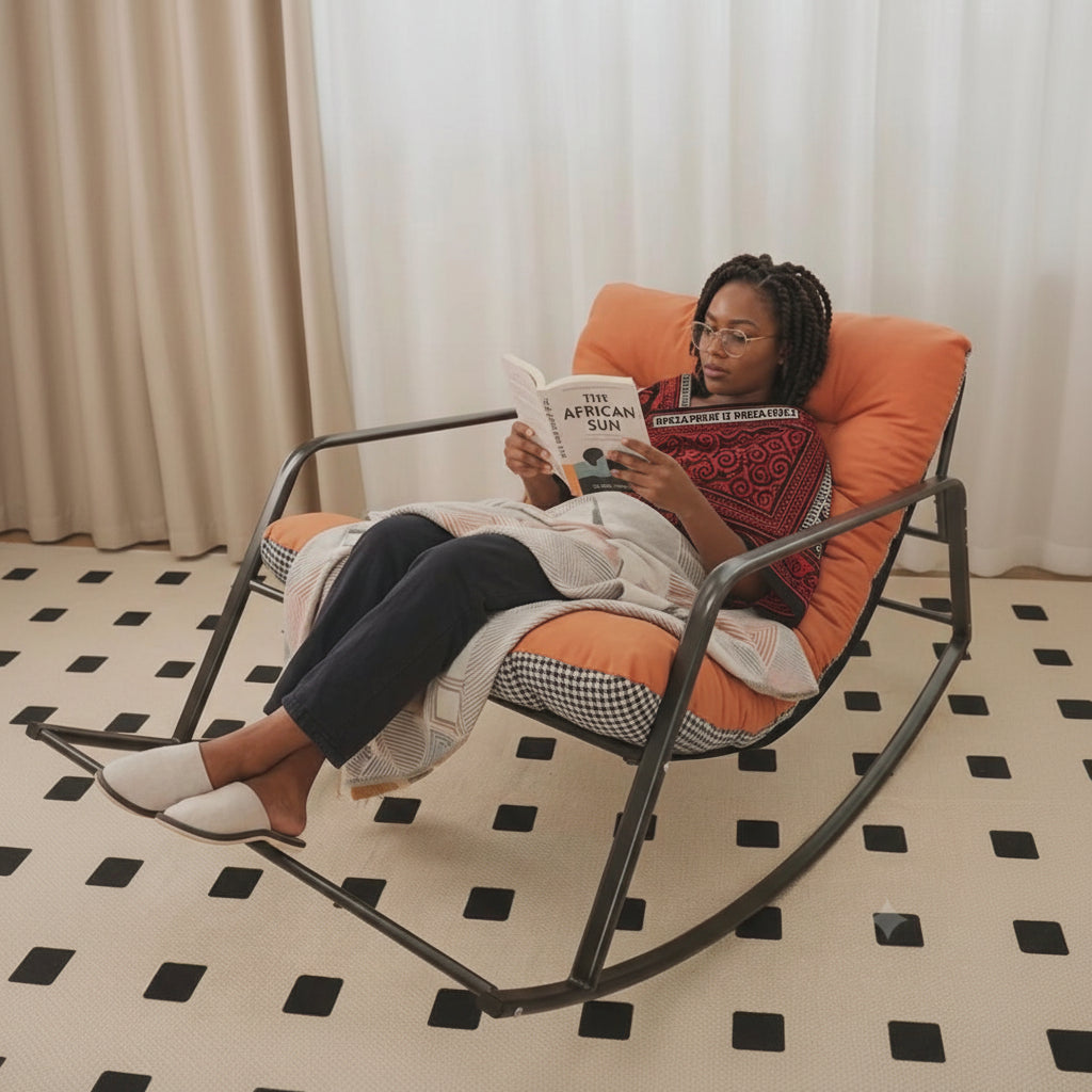 Orange rocking chair lazy sofa with soft tufted cushion and sturdy frame comfortable lounge seating for balcony living room bedroom patio and reading corner.