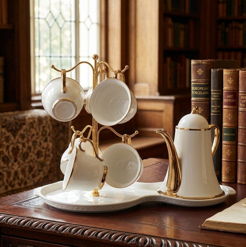 Fine ceramic 9pc tea set with kettle, 6 cups, cup stand, and 8-shaped serving tray.
