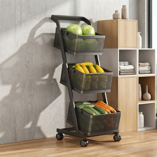 3 Compartment kitchen vegetable cart with breathable baskets and mobile design for organized storage